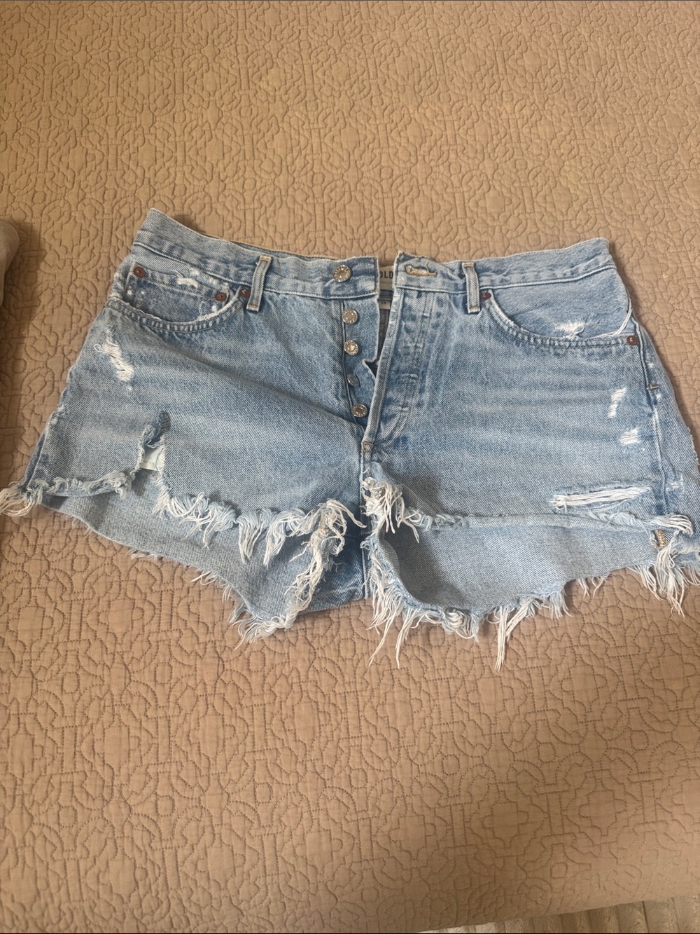 Agolde Light Blue Distressed Button-Front Jean Shorts